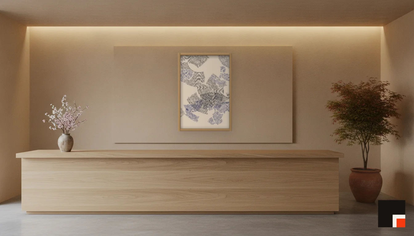 A Lumen & Logic artwork hanging in a Japandi hotel interior — Spa reception · Kyoto
