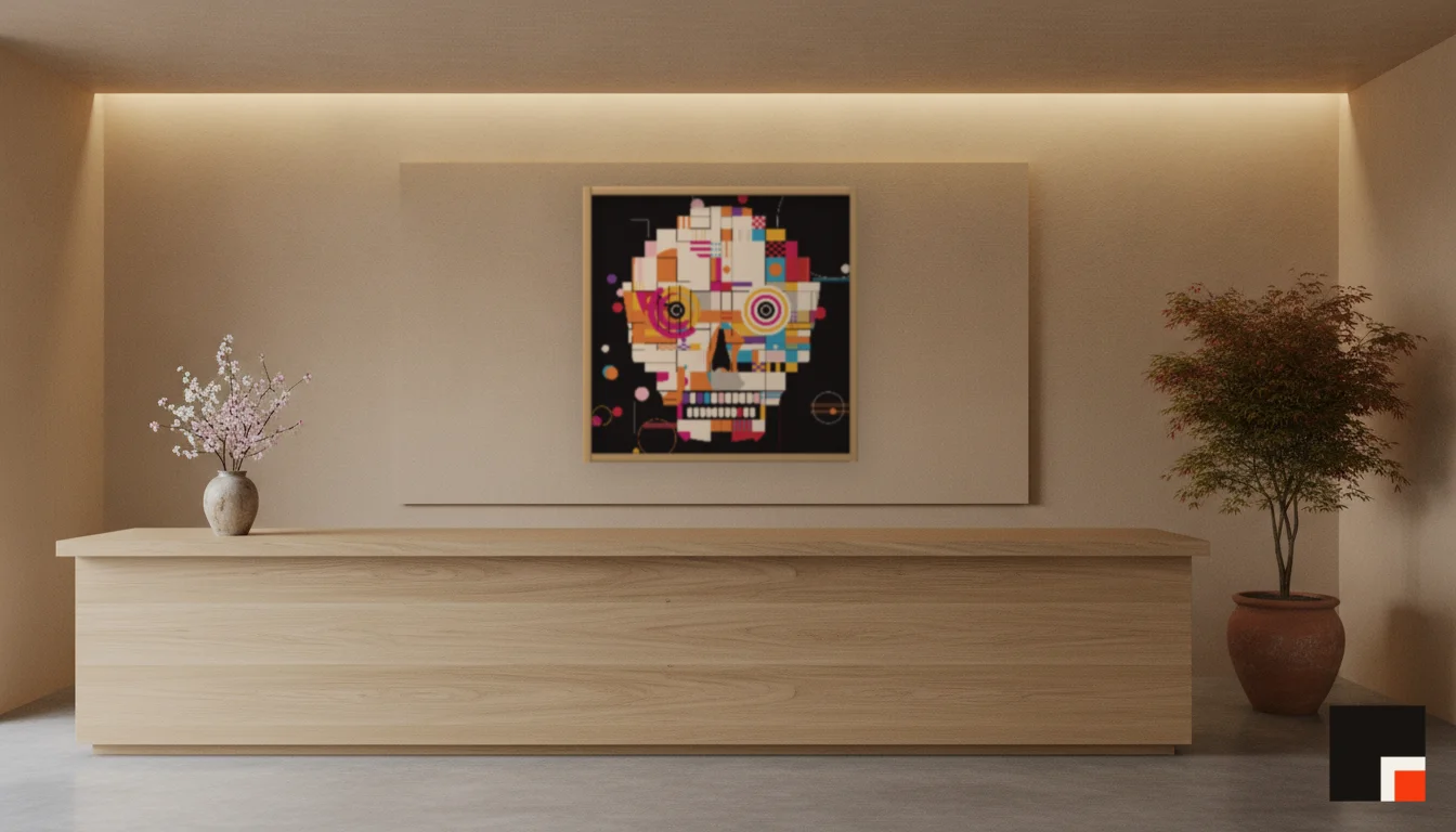 A Lumen & Logic artwork hanging in a Japandi hotel interior — Spa reception · Kyoto