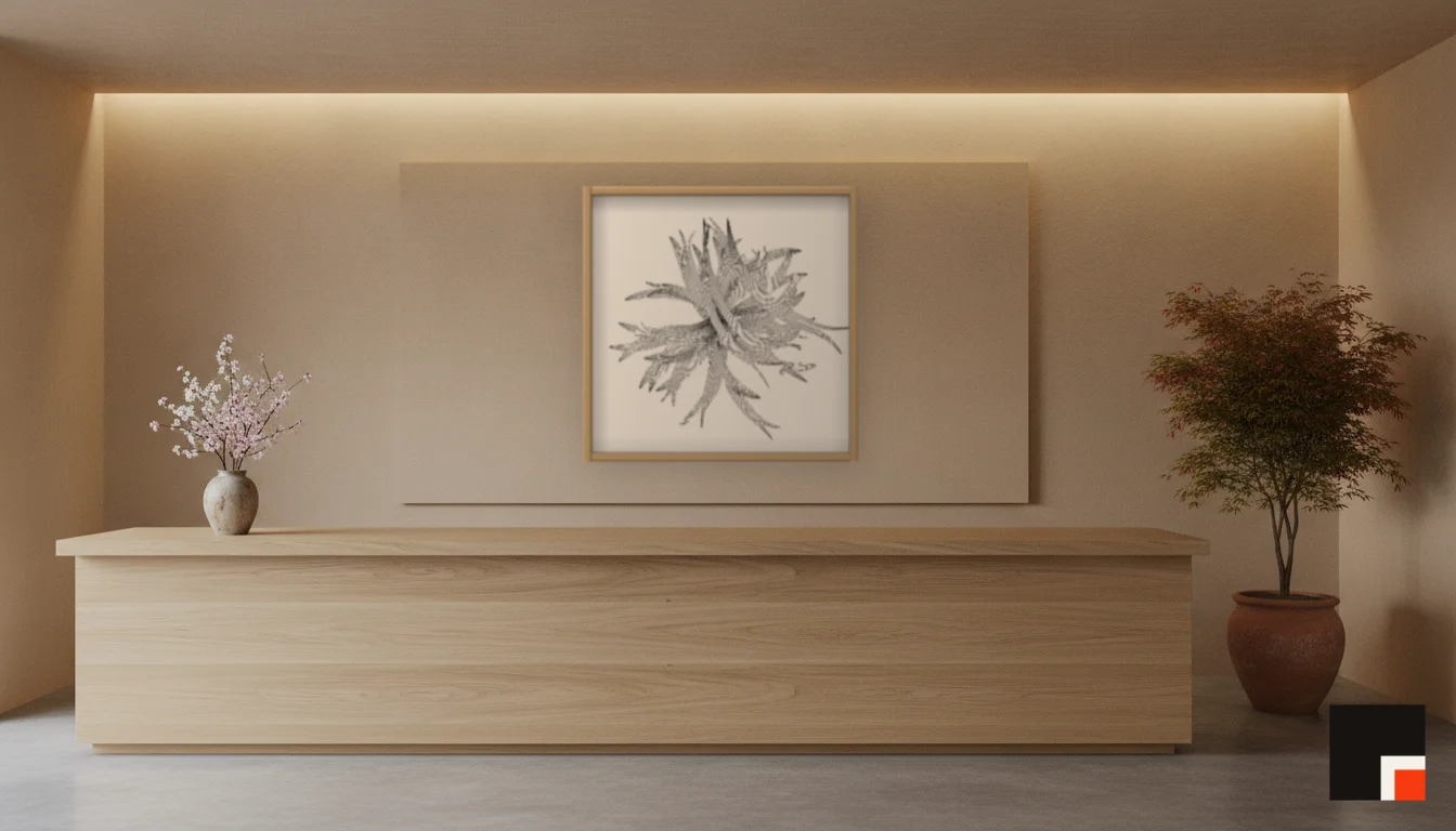 A Lumen & Logic artwork hanging in a Japandi hotel interior — Spa reception · Kyoto