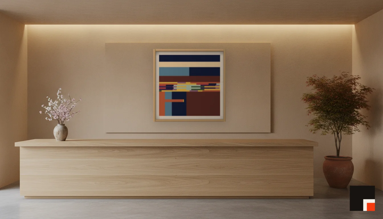 A Lumen & Logic artwork hanging in a Japandi hotel interior — Spa reception · Kyoto