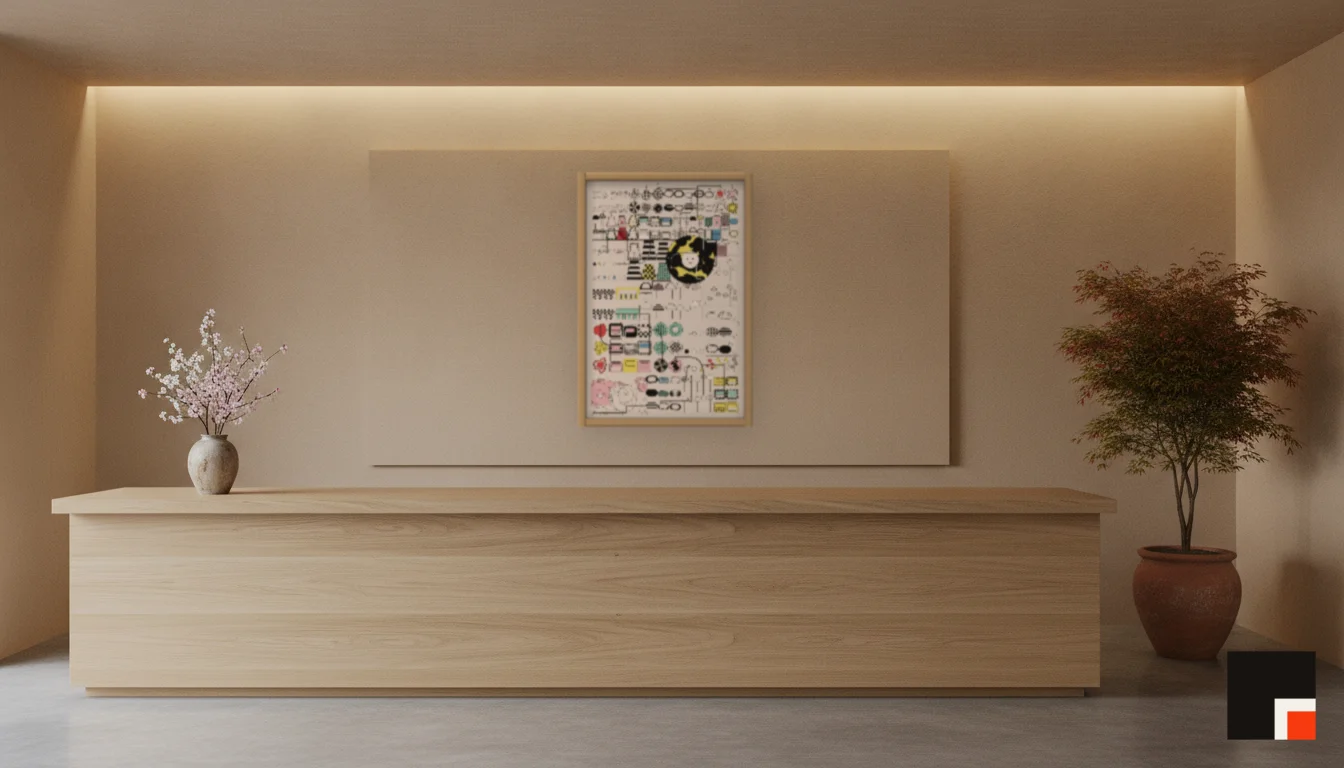 A Lumen & Logic artwork hanging in a Japandi hotel interior — Spa reception · Kyoto