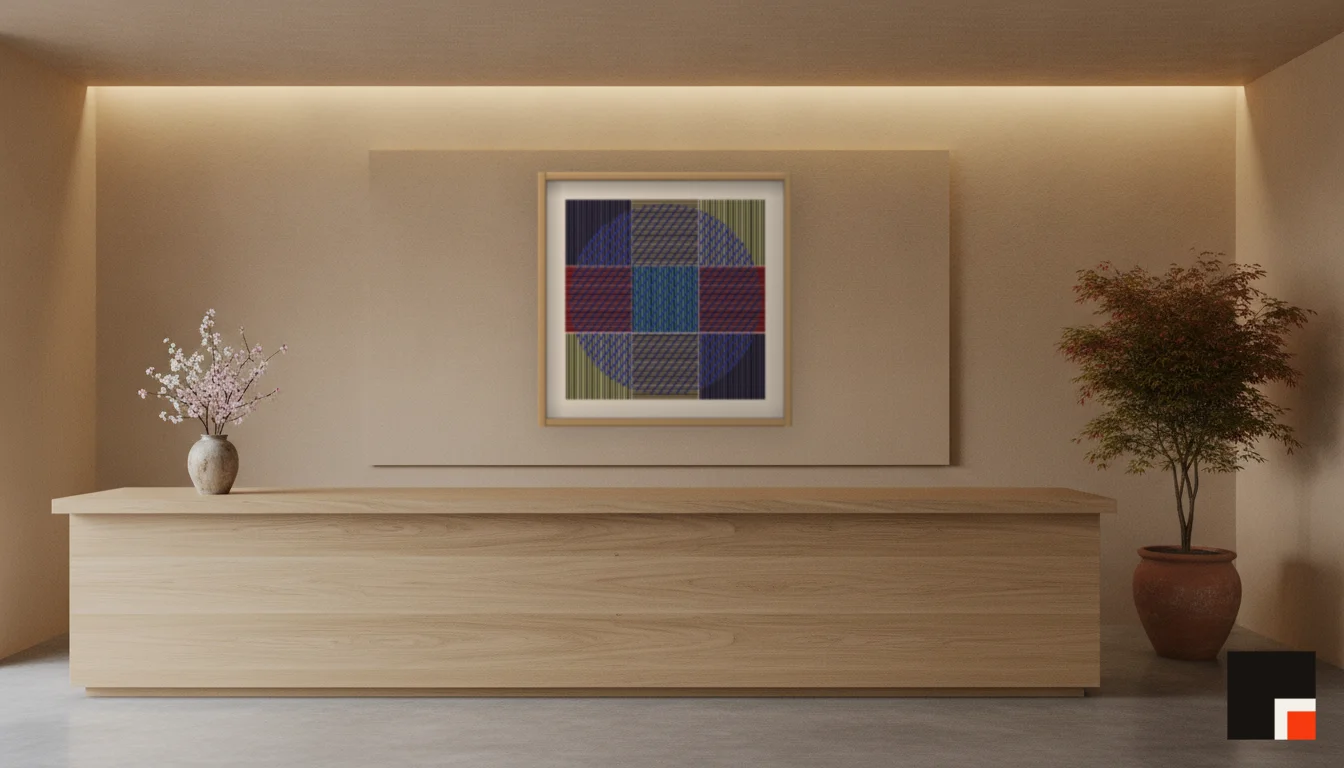 A Lumen & Logic artwork hanging in a Japandi hotel interior — Spa reception · Kyoto