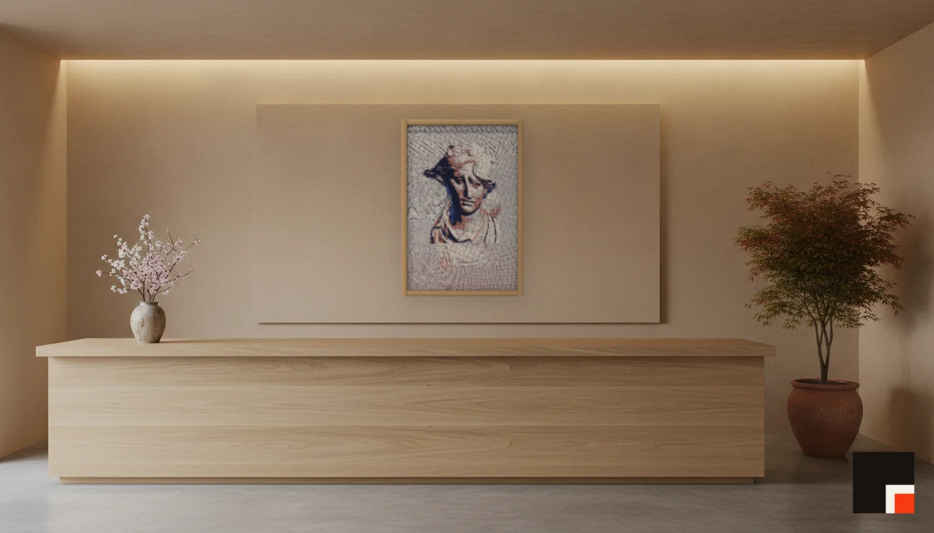 A Lumen & Logic artwork hanging in a Japandi hotel interior — Spa reception · Kyoto