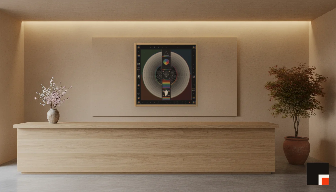 A Lumen & Logic artwork hanging in a Japandi hotel interior — Spa reception · Kyoto