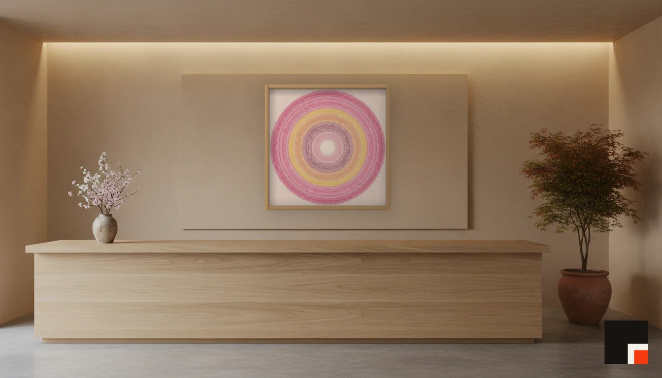 A Lumen & Logic artwork hanging in a Japandi hotel interior — Spa reception · Kyoto