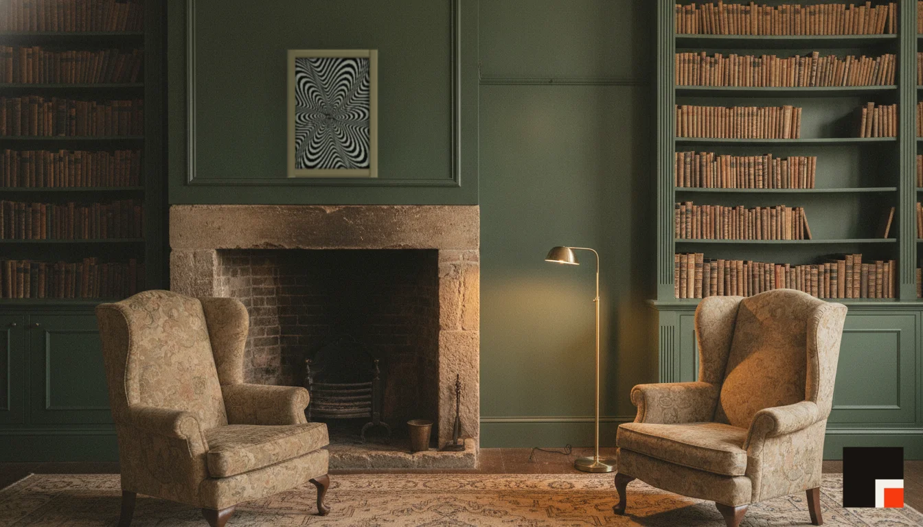 A Lumen & Logic artwork hanging in a Manor hotel interior — Library · Cotswolds