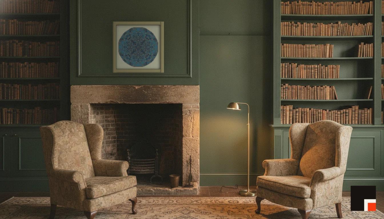 A Lumen & Logic artwork hanging in a Manor hotel interior — Library · Cotswolds