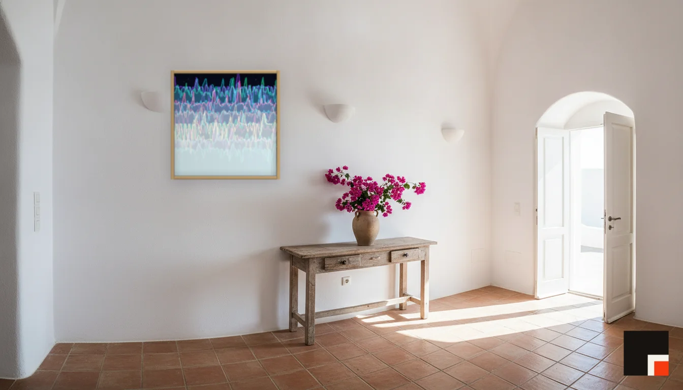A Lumen & Logic artwork hanging in a Mediterran hotel interior — Cliffside villa · Santorini