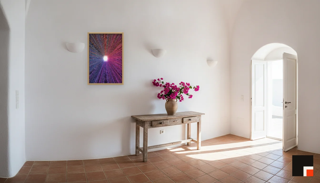 A Lumen & Logic artwork hanging in a Mediterran hotel interior — Cliffside villa · Santorini