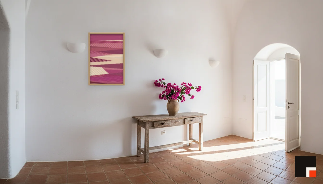 A Lumen & Logic artwork hanging in a Mediterran hotel interior — Cliffside villa · Santorini