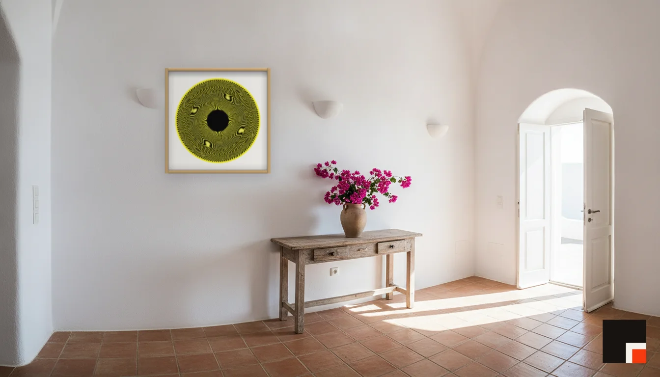 A Lumen & Logic artwork hanging in a Mediterran hotel interior — Cliffside villa · Santorini