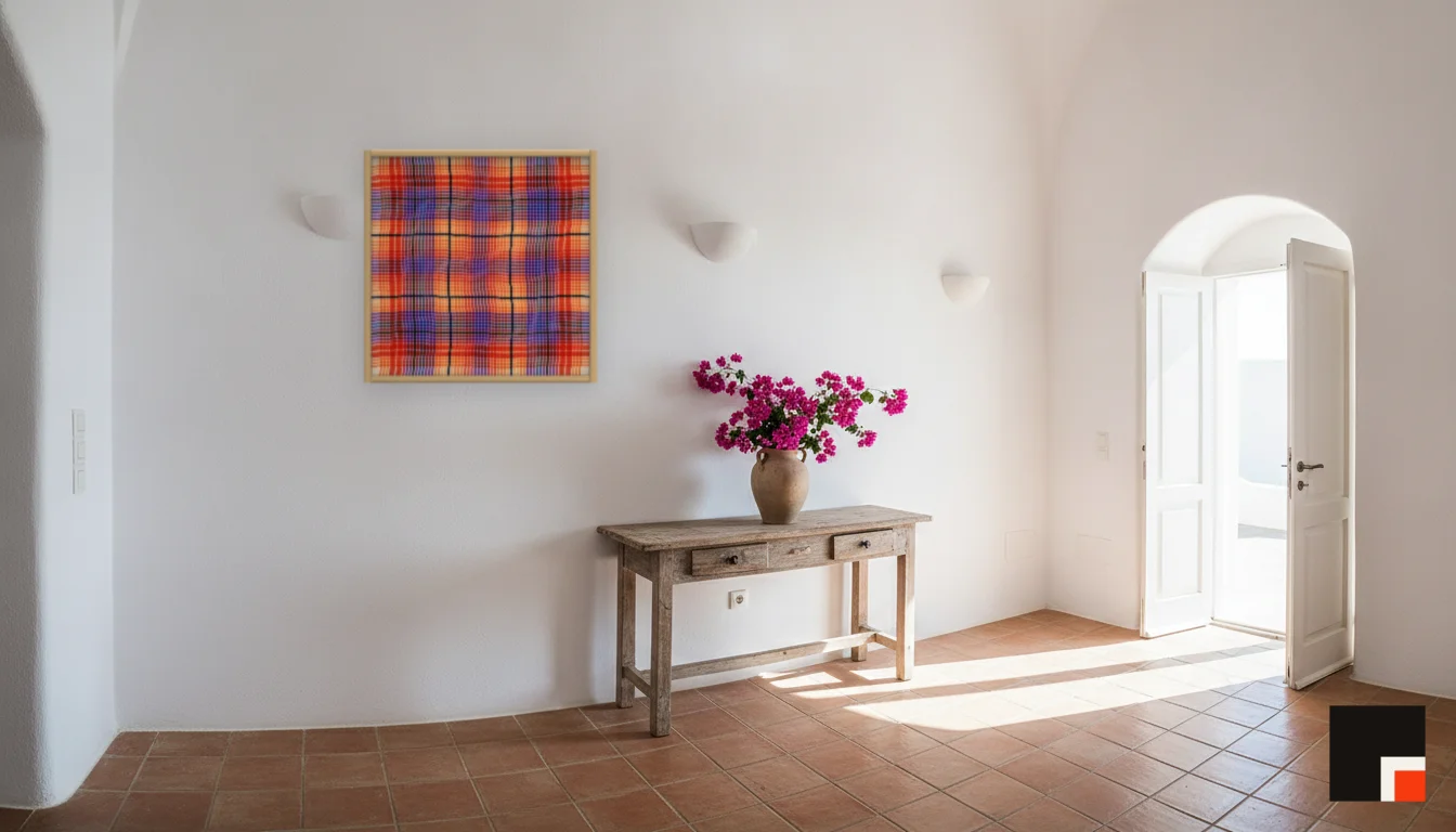 A Lumen & Logic artwork hanging in a Mediterran hotel interior — Cliffside villa · Santorini