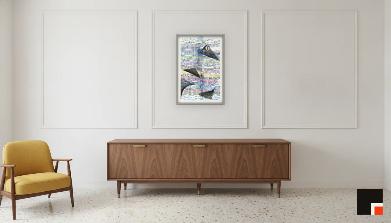 A Lumen & Logic artwork hanging in a Mid-Century hotel interior — Executive suite · Palm Springs