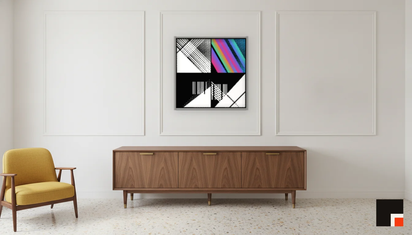 A Lumen & Logic artwork hanging in a Mid-Century hotel interior — Executive suite · Palm Springs