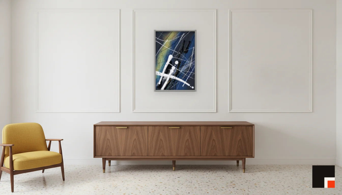 A Lumen & Logic artwork hanging in a Mid-Century hotel interior — Executive suite · Palm Springs