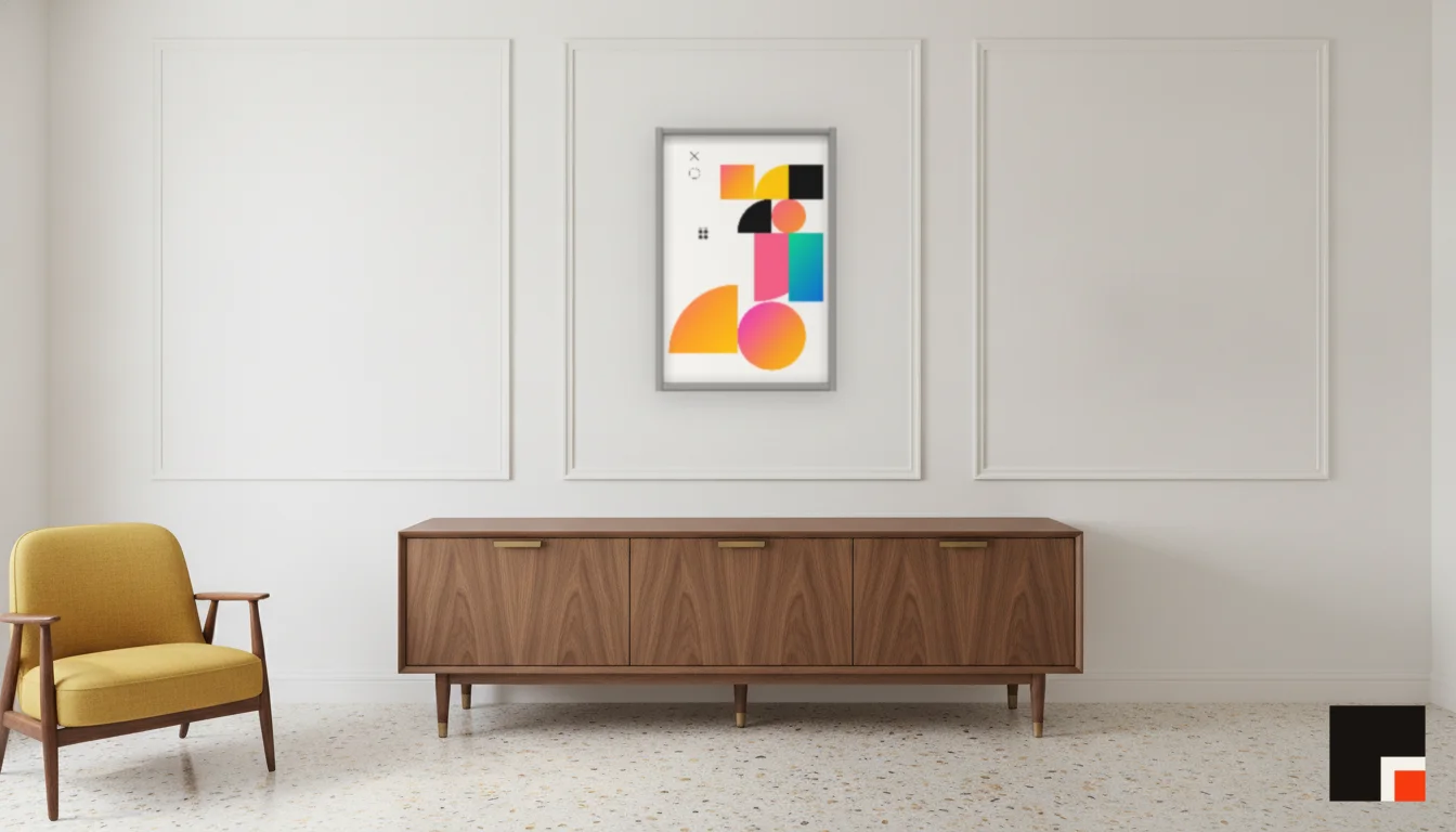 A Lumen & Logic artwork hanging in a Mid-Century hotel interior — Executive suite · Palm Springs