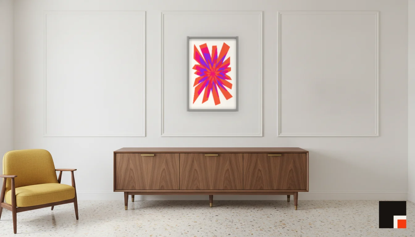 A Lumen & Logic artwork hanging in a Mid-Century hotel interior — Executive suite · Palm Springs