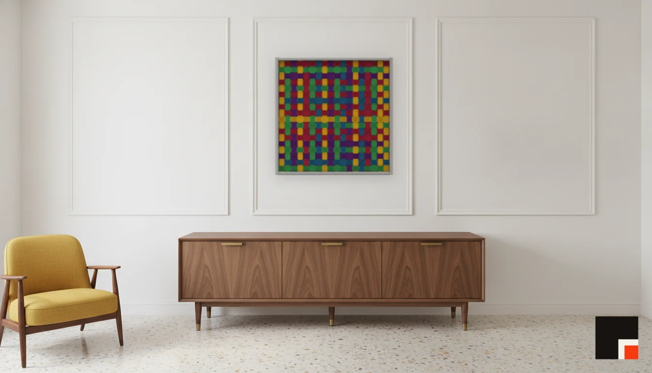 A Lumen & Logic artwork hanging in a Mid-Century hotel interior — Executive suite · Palm Springs