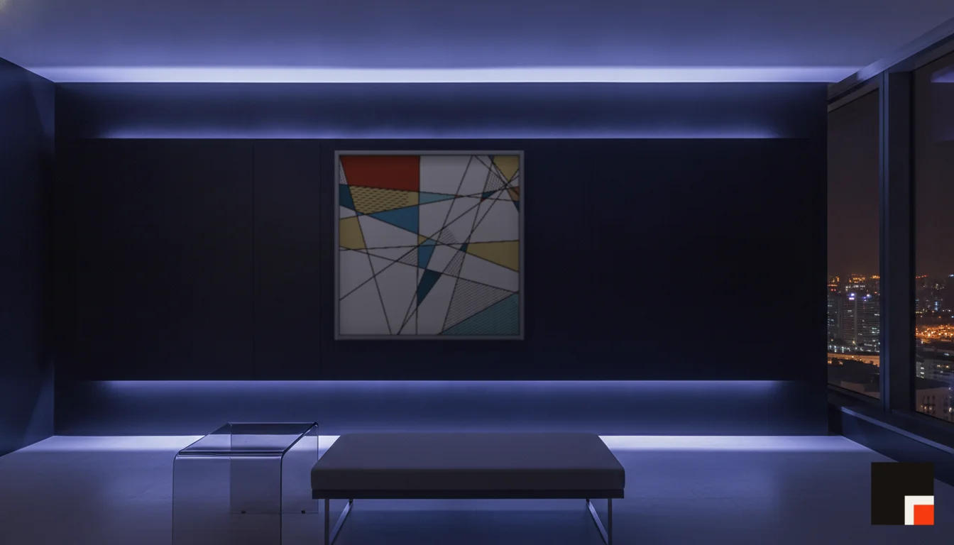 A Lumen & Logic artwork hanging in a Neon hotel interior — Skyband hub · Singapore