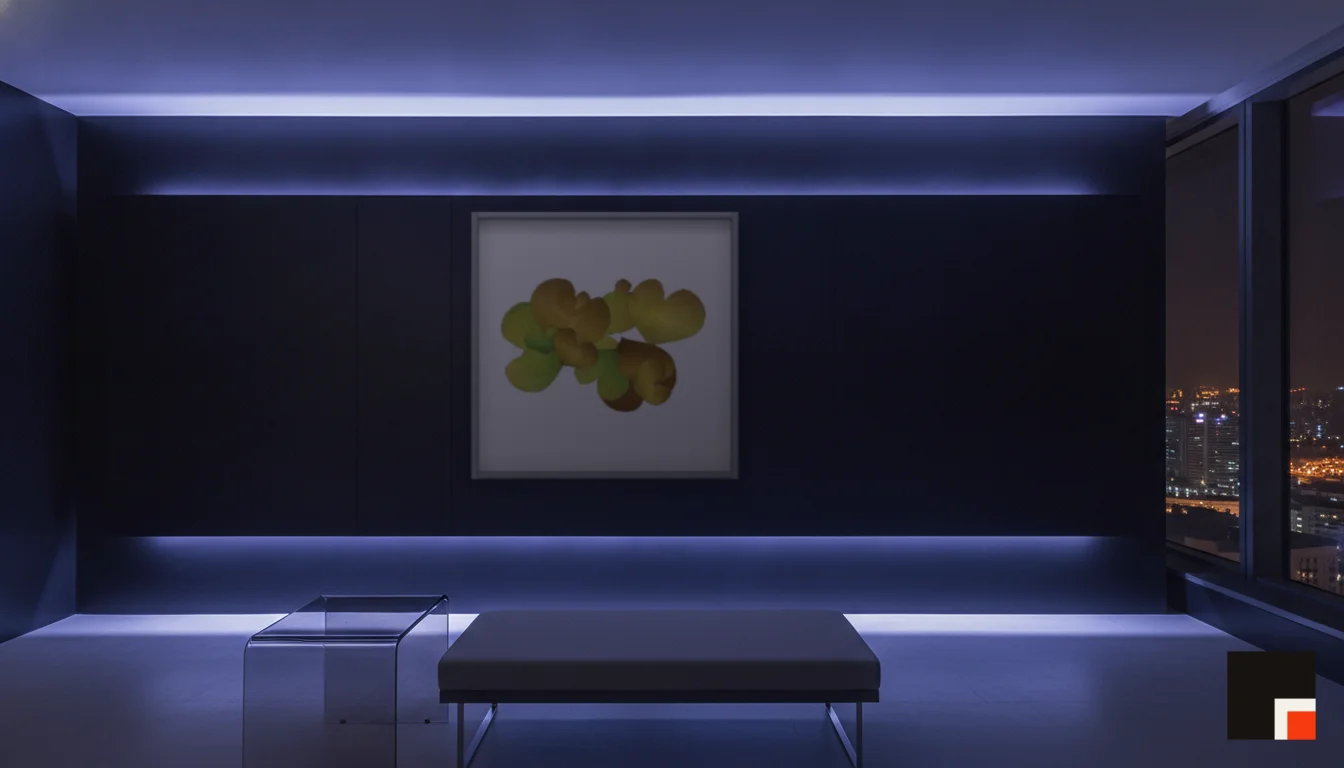 A Lumen & Logic artwork hanging in a Neon hotel interior — Skyband hub · Singapore