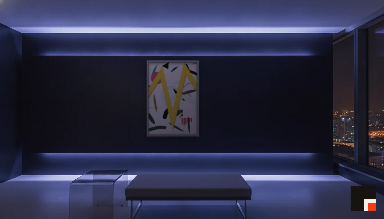 A Lumen & Logic artwork hanging in a Neon hotel interior — Skyband hub · Singapore