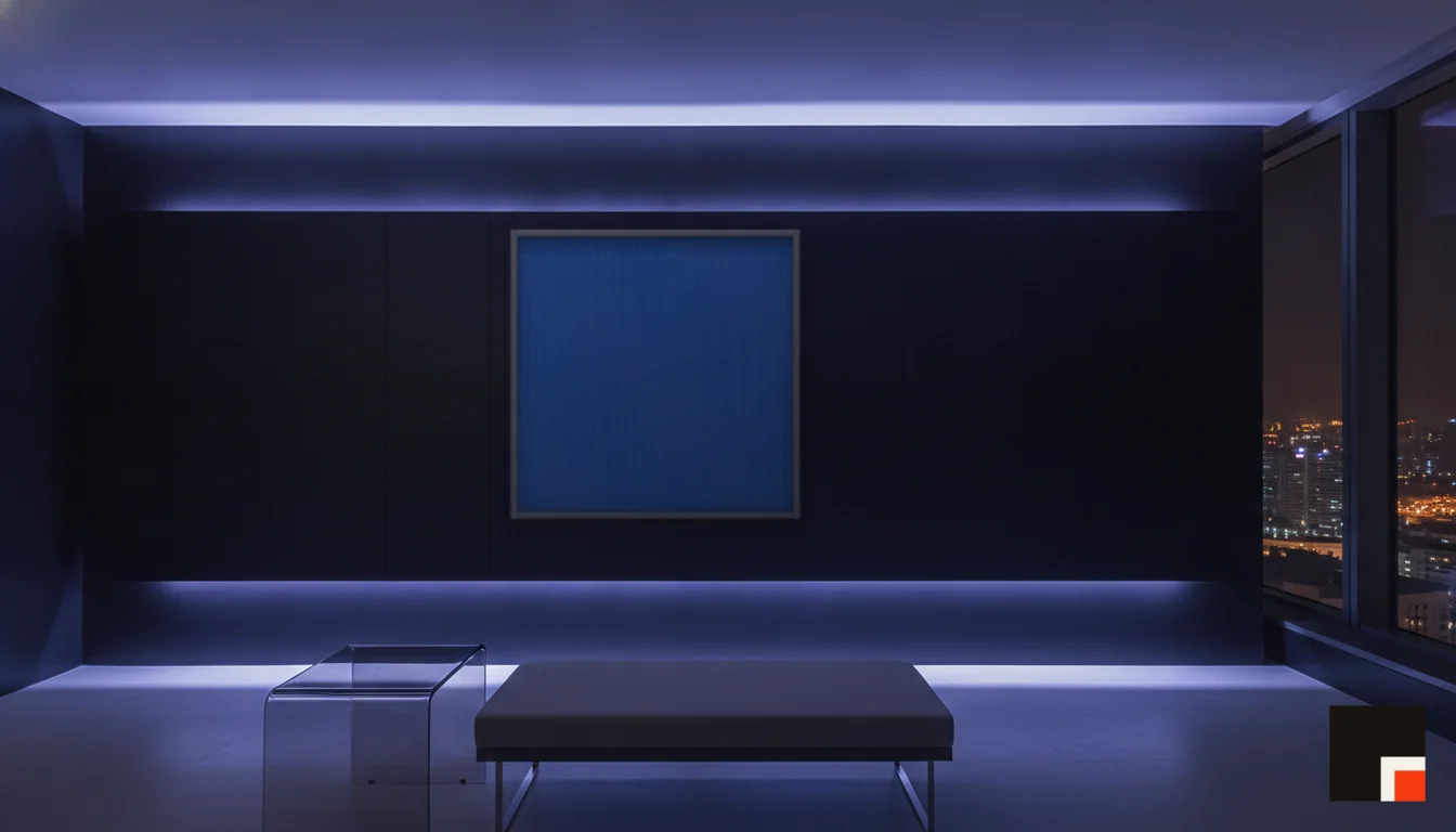 A Lumen & Logic artwork hanging in a Neon hotel interior — Skyband hub · Singapore