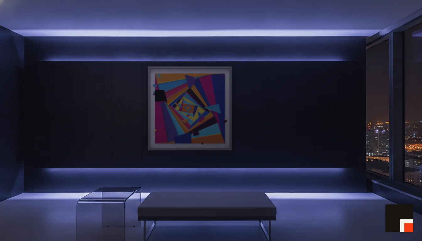 A Lumen & Logic artwork hanging in a Neon hotel interior — Skyband hub · Singapore