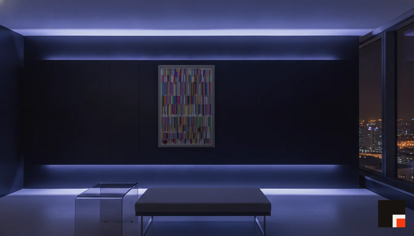 A Lumen & Logic artwork hanging in a Neon hotel interior — Skyband hub · Singapore