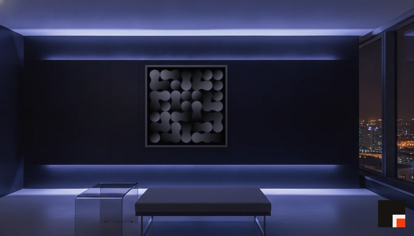 A Lumen & Logic artwork hanging in a Neon hotel interior — Skyband hub · Singapore