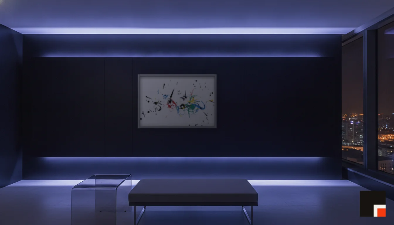 A Lumen & Logic artwork hanging in a Neon hotel interior — Skyband hub · Singapore