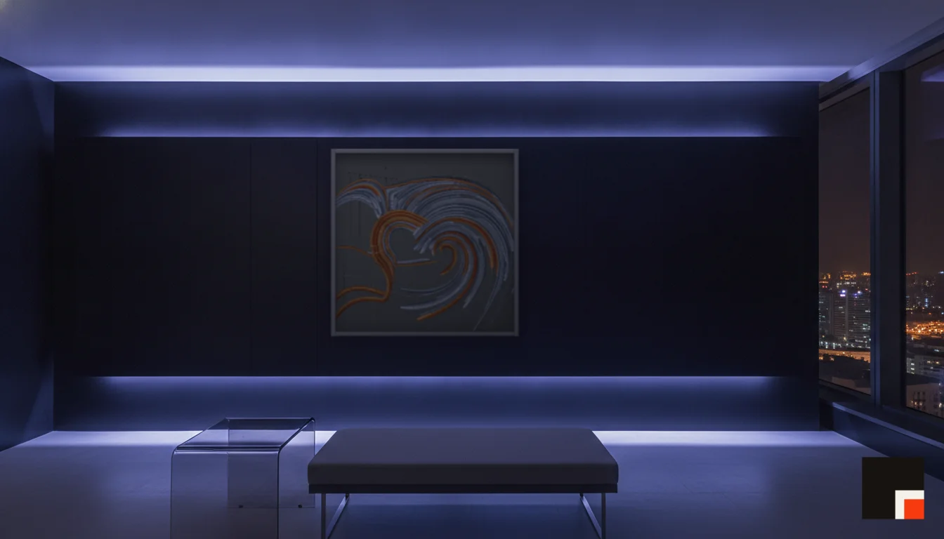 A Lumen & Logic artwork hanging in a Neon hotel interior — Skyband hub · Singapore