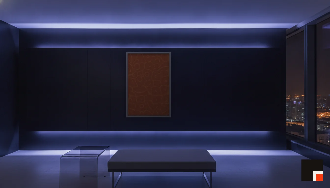 A Lumen & Logic artwork hanging in a Neon hotel interior — Skyband hub · Singapore