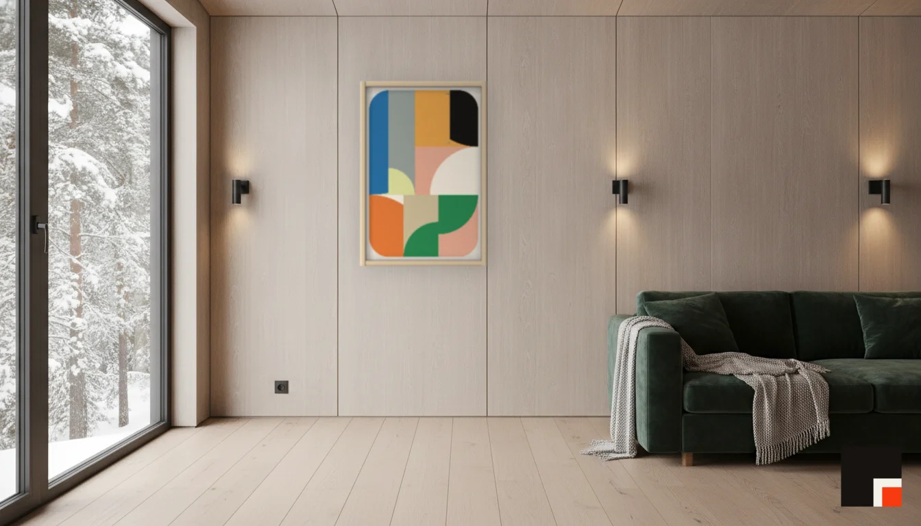 A Lumen & Logic artwork hanging in a Nordic hotel interior — Forest lodge · Lapland