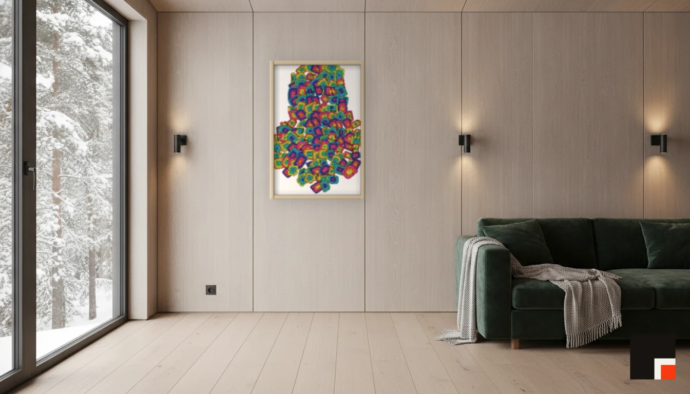 A Lumen & Logic artwork hanging in a Nordic hotel interior — Forest lodge · Lapland