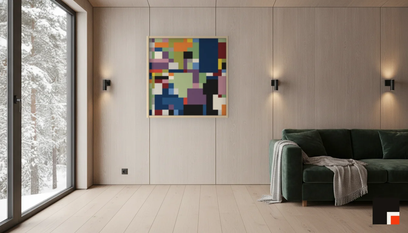 A Lumen & Logic artwork hanging in a Nordic hotel interior — Forest lodge · Lapland