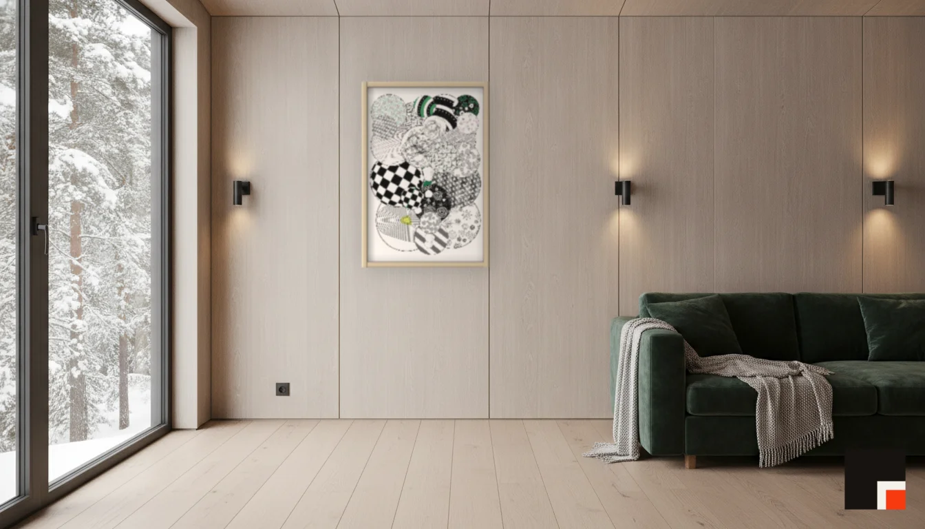 A Lumen & Logic artwork hanging in a Nordic hotel interior — Forest lodge · Lapland