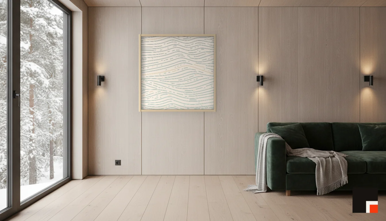 A Lumen & Logic artwork hanging in a Nordic hotel interior — Forest lodge · Lapland
