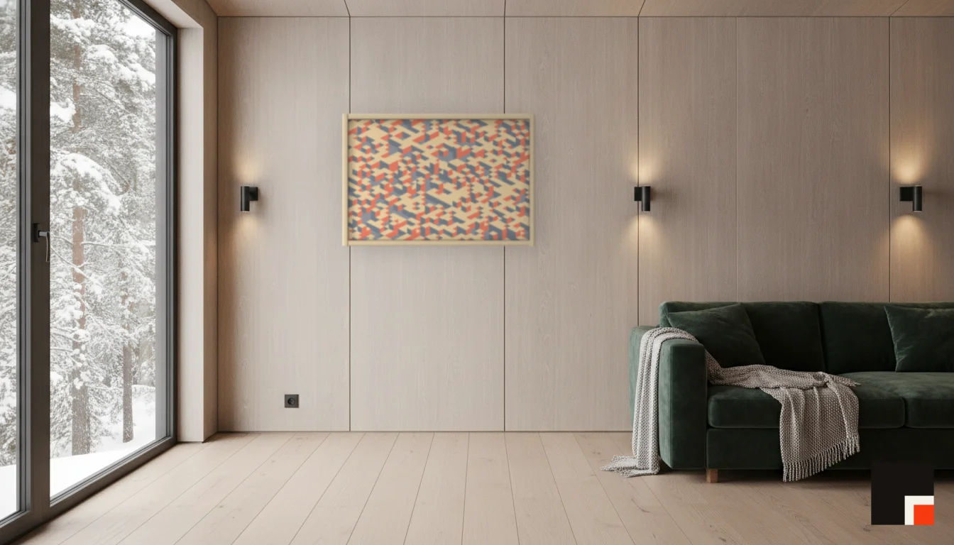 A Lumen & Logic artwork hanging in a Nordic hotel interior — Forest lodge · Lapland