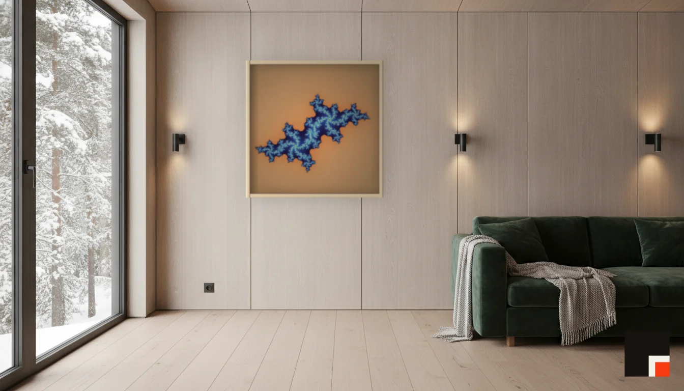 A Lumen & Logic artwork hanging in a Nordic hotel interior — Forest lodge · Lapland
