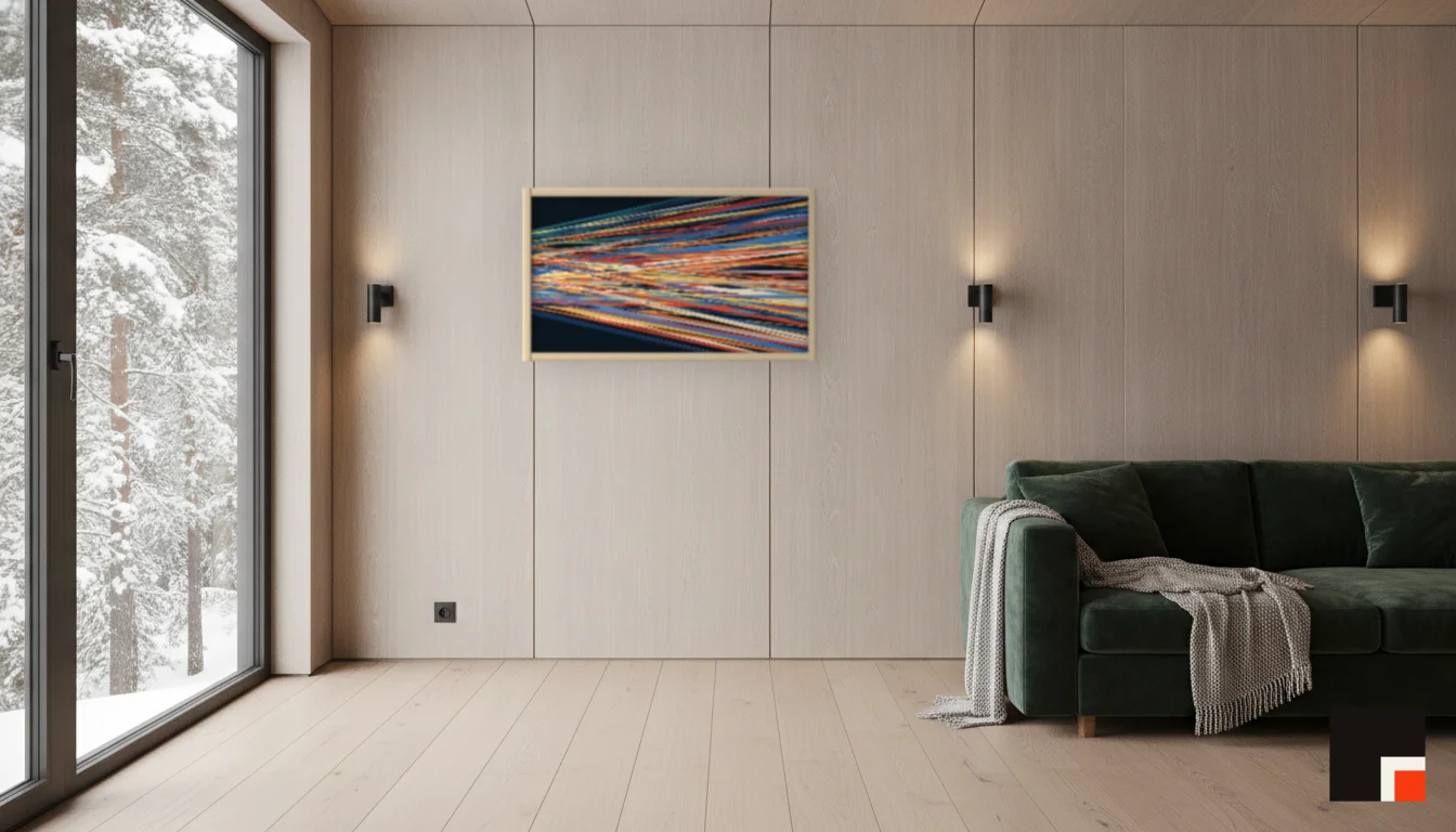 A Lumen & Logic artwork hanging in a Nordic hotel interior — Forest lodge · Lapland