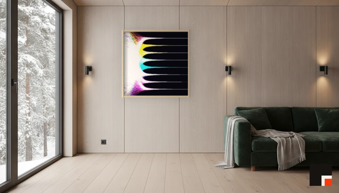 A Lumen & Logic artwork hanging in a Nordic hotel interior — Forest lodge · Lapland