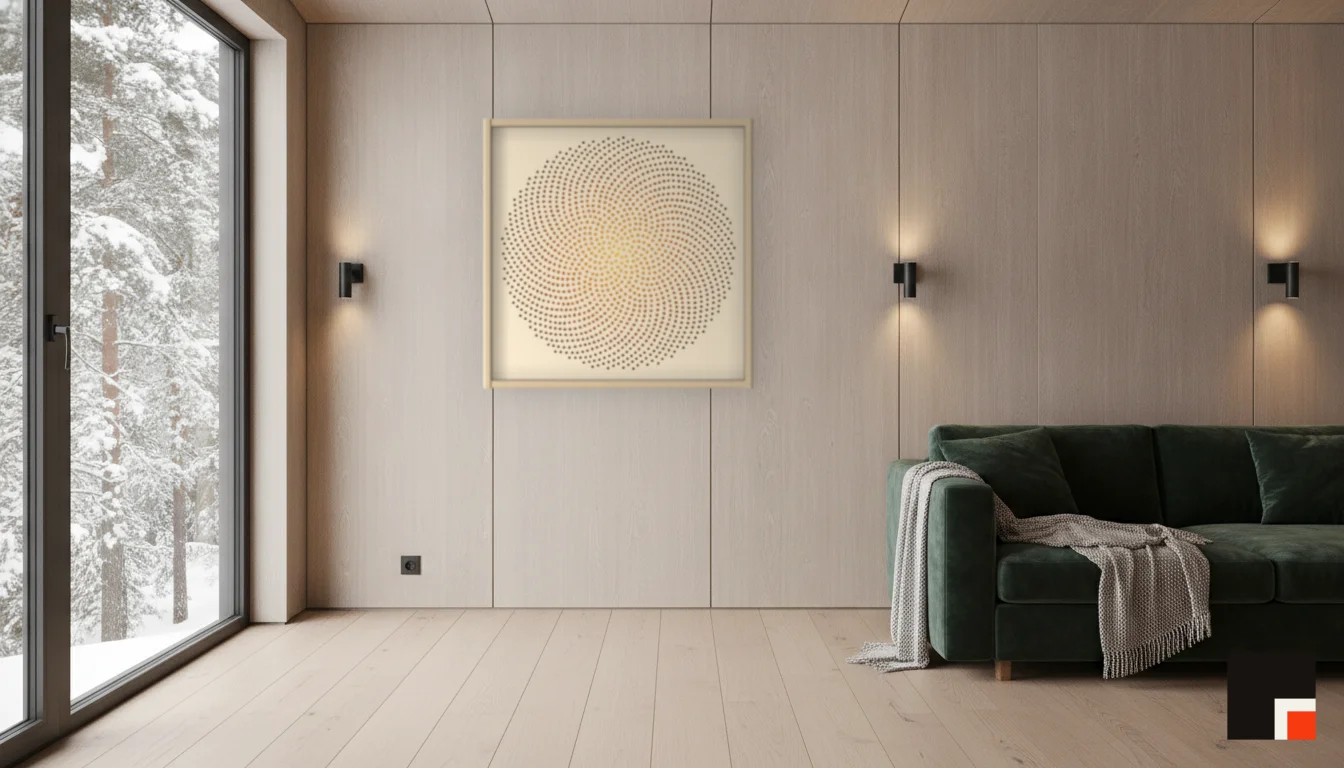 A Lumen & Logic artwork hanging in a Nordic hotel interior — Forest lodge · Lapland