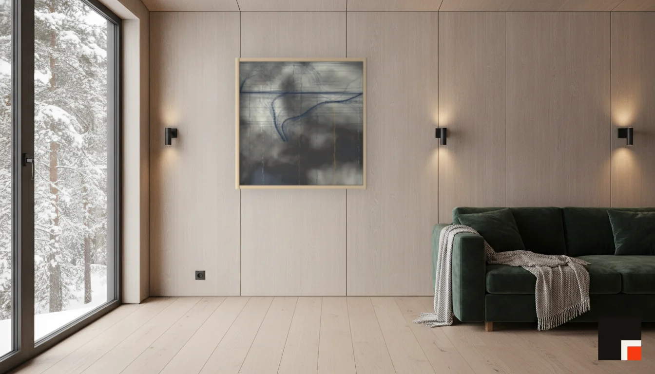 A Lumen & Logic artwork hanging in a Nordic hotel interior — Forest lodge · Lapland