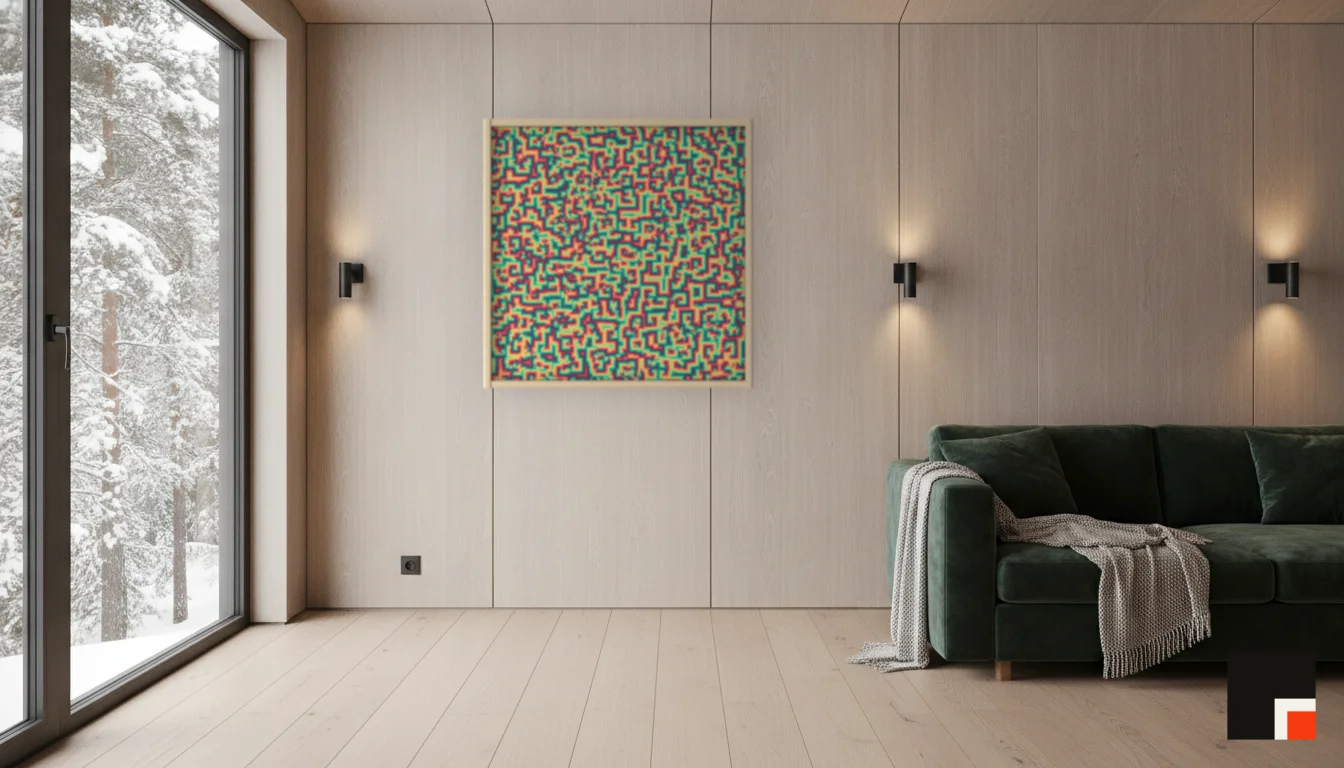 A Lumen & Logic artwork hanging in a Nordic hotel interior — Forest lodge · Lapland