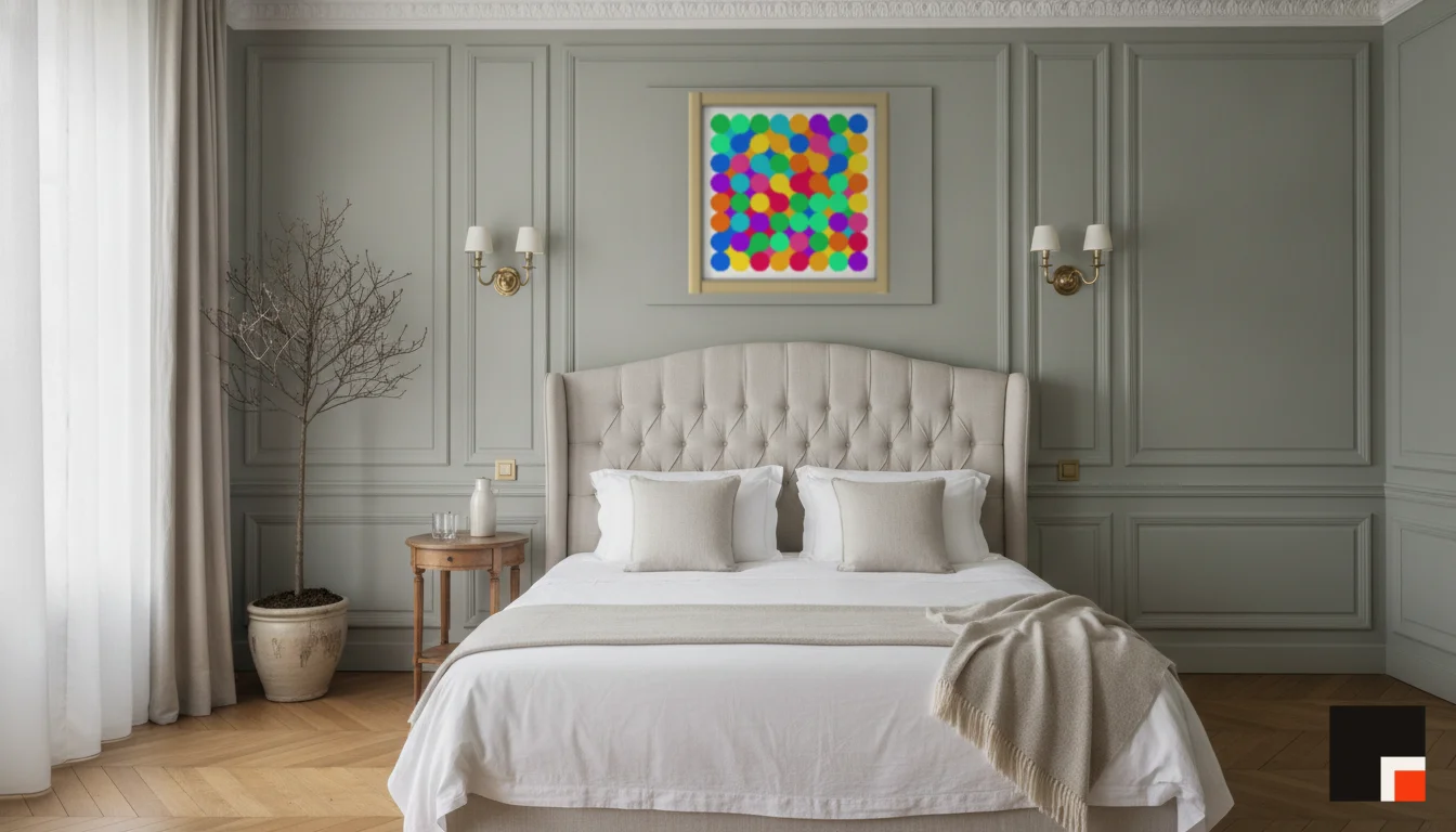 A Lumen & Logic artwork hanging in a Parisian hotel interior — Boiserie bedroom · Paris