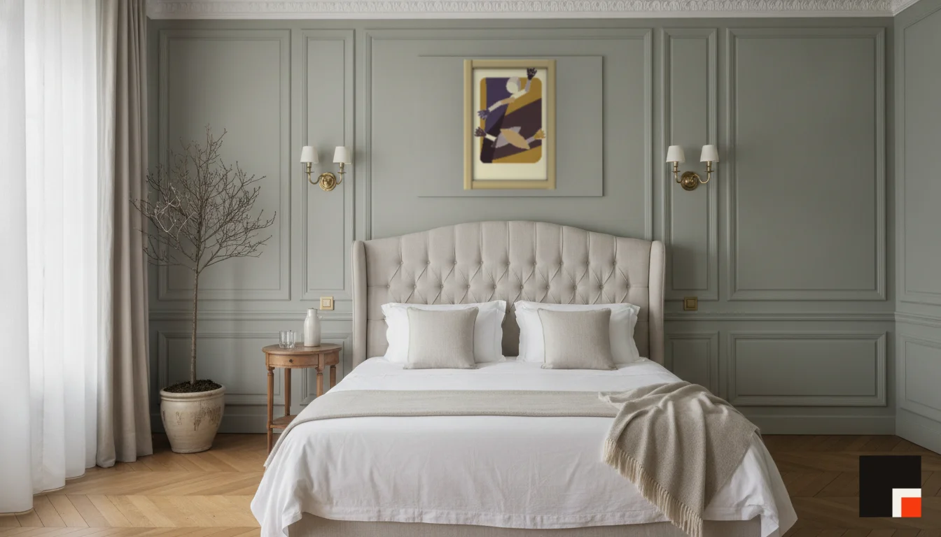 A Lumen & Logic artwork hanging in a Parisian hotel interior — Boiserie bedroom · Paris