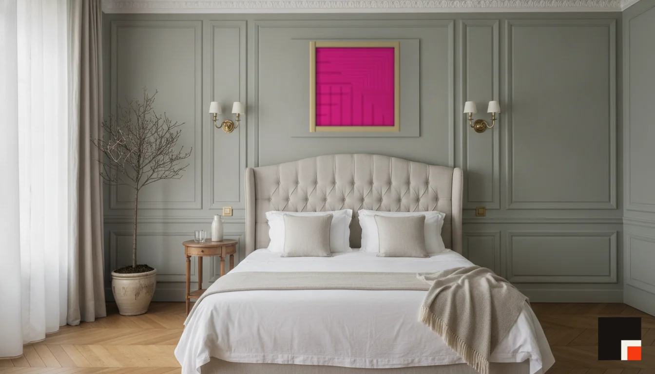 A Lumen & Logic artwork hanging in a Parisian hotel interior — Boiserie bedroom · Paris