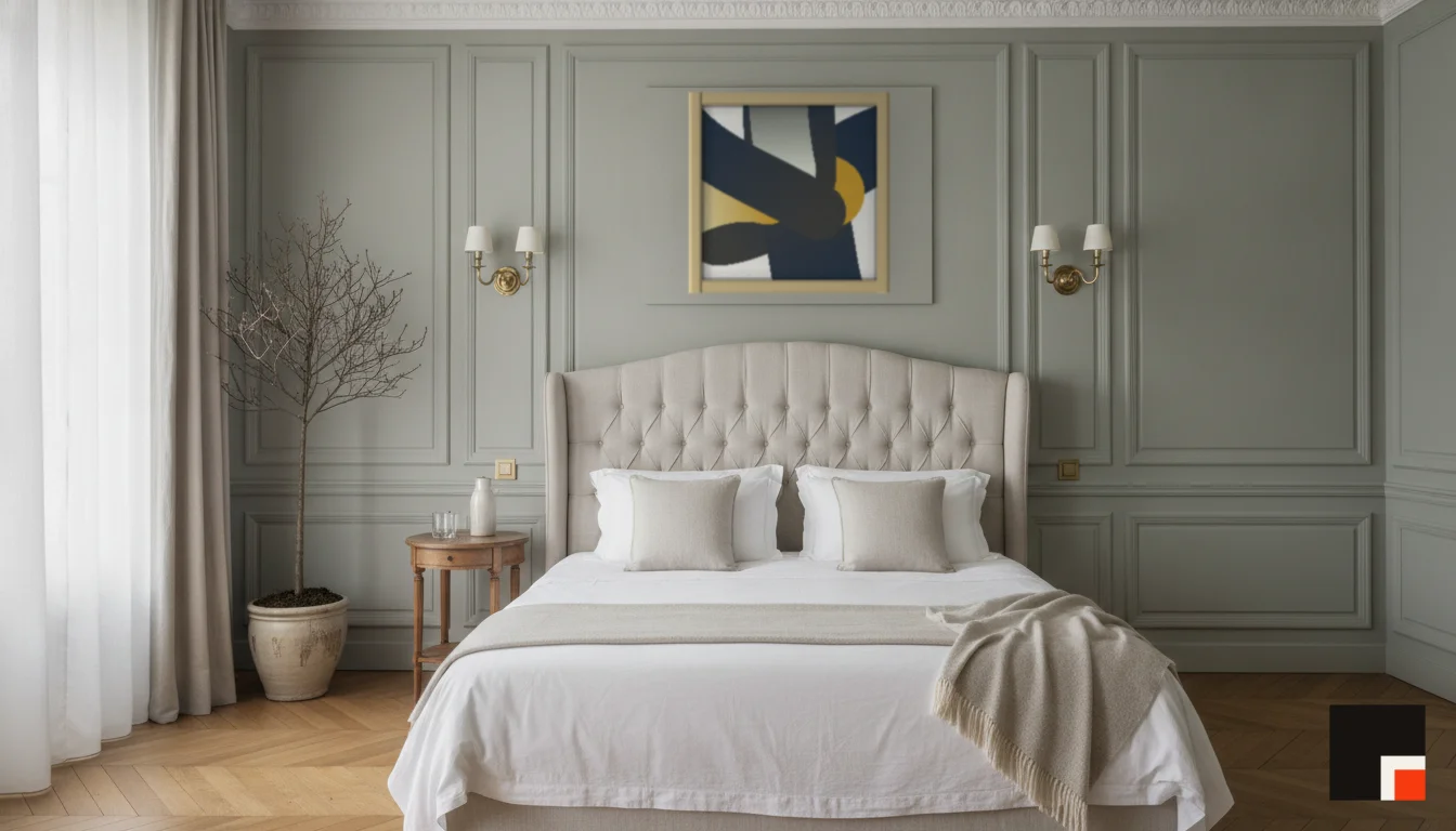 A Lumen & Logic artwork hanging in a Parisian hotel interior — Boiserie bedroom · Paris
