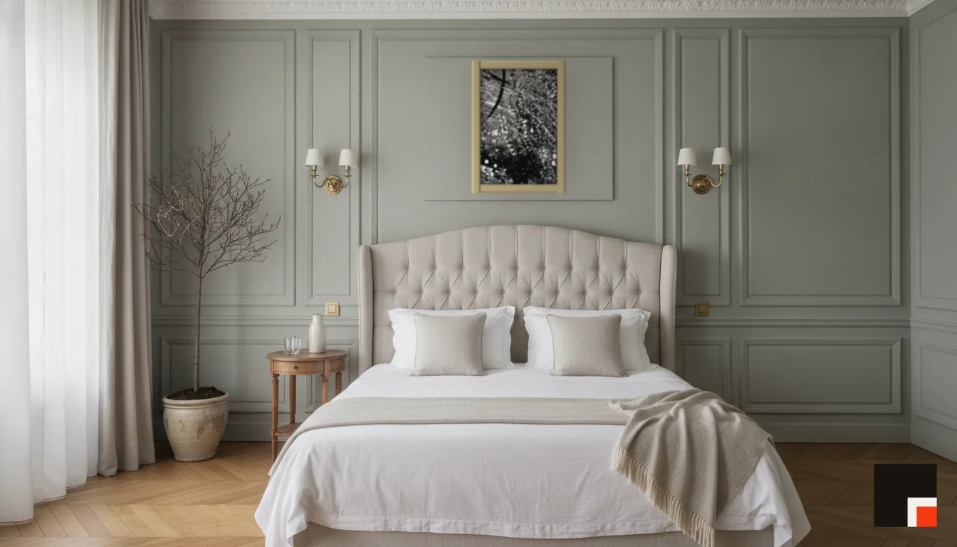 A Lumen & Logic artwork hanging in a Parisian hotel interior — Boiserie bedroom · Paris
