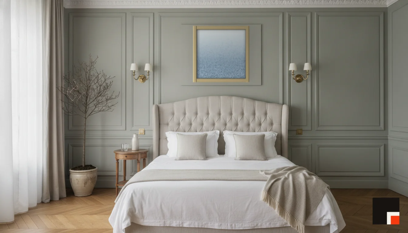 A Lumen & Logic artwork hanging in a Parisian hotel interior — Boiserie bedroom · Paris